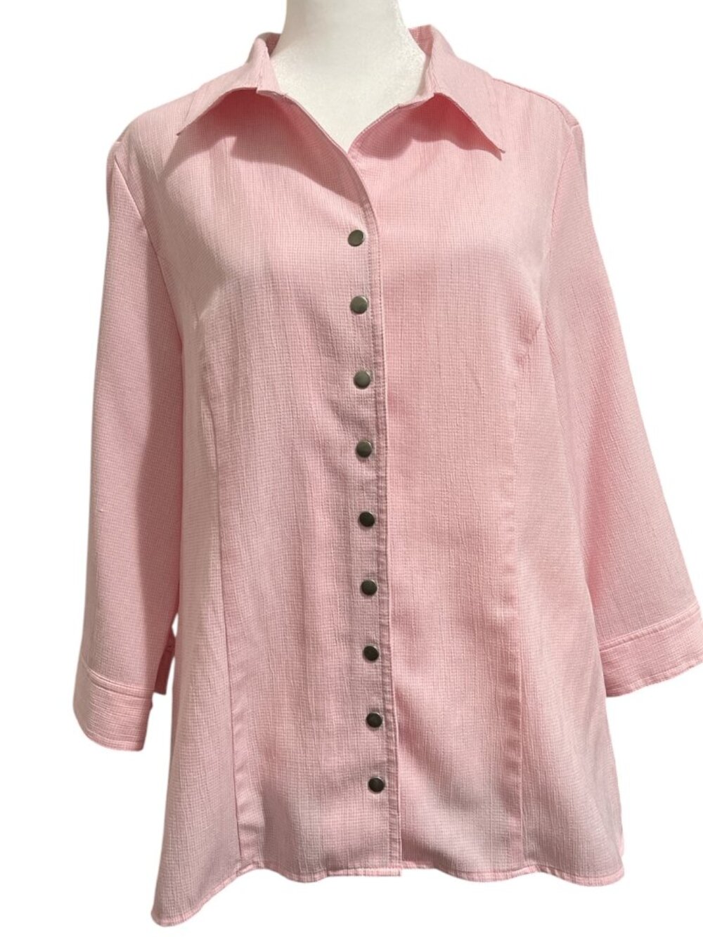 Christopher & Banks Pink & White Gingham Three-Quarter Sleeve Snap Close Shirt